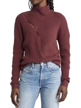 *NWT* Open Edit Mock Neck Wrap Look Rib Sweater in Burgundy Tannin, Large
